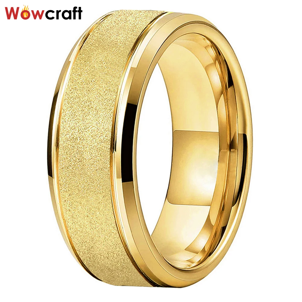 

8mm Gold Sandblasted Tungsten Wedding Band for Men Women Trendy Engagement Ring Beveled Edges Double Grooves Comfort Fit