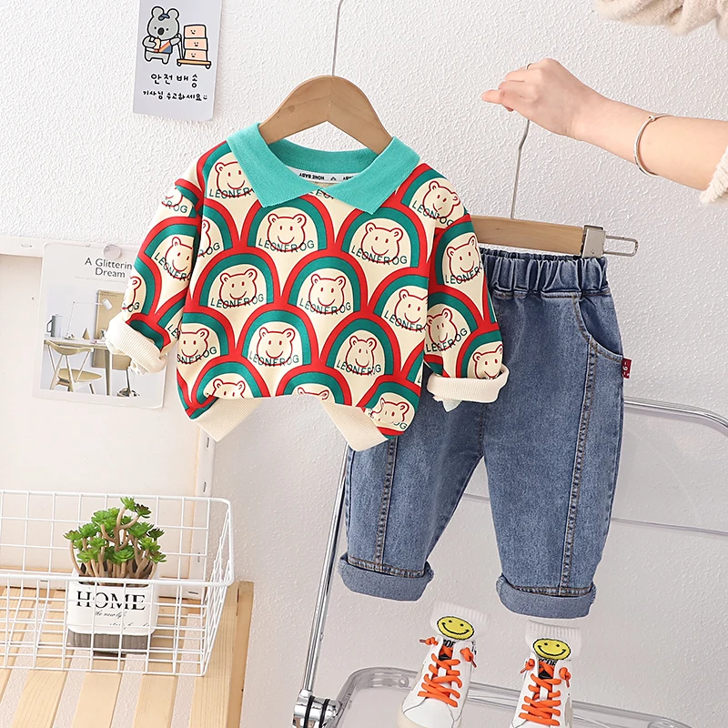 

2Pcs/Set New Children Fashion Spring Baby Boys Girls Clothes Rainbow Bear T-shirt Jeans Kids Clothing Toddler Tracksuit 0-5YEARS