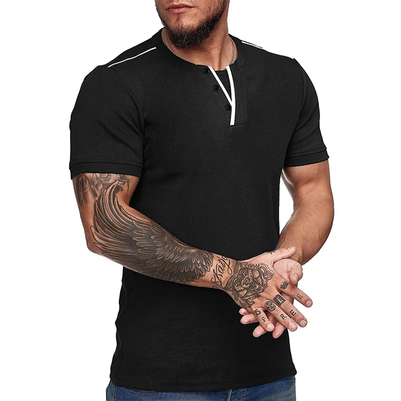 

Men's T-shirt Top Summer Fashion Sports Solid Color Slim Fit T-shirt Men's Casual Short Sleeve Button V-neck Pullover T-shirt