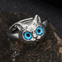 vintage silver color punk personality blue eyes cat rings for women men simple animal jewelry kitten pixiu sun open finger rings