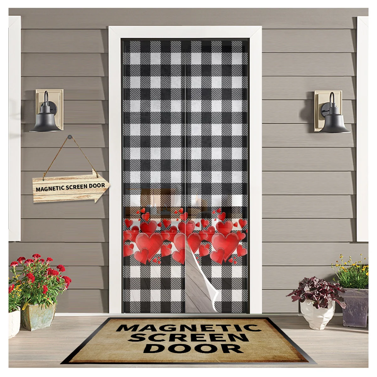 

Red Love Heart Black And White Plaid Summer Magnetic Mesh Mosquito Screen Door Curtain Anti-Mosquito Net Fly Insect Screen