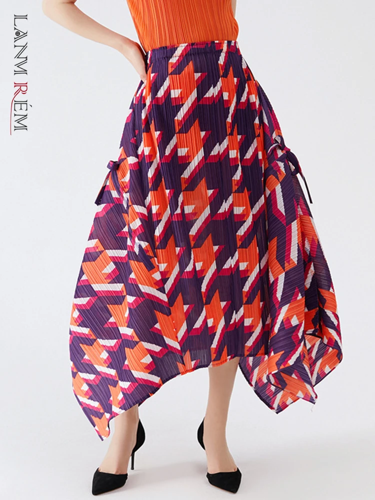 

LANMREM Printing Irregular Pleated Skirt Women's 2022 Autumn Summer High Waist Thin Plaid Loose Skirts Female Fashion 2R1323