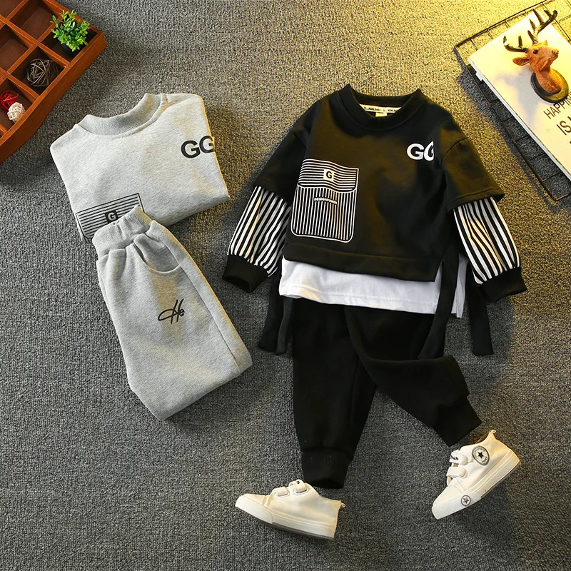 

Spring Autumn Children Clothing Set Boys Girls Stripe Fake Two-piece Long Sleeve Pants 2PCS Outfits Kids Baby Suit for 2-14T