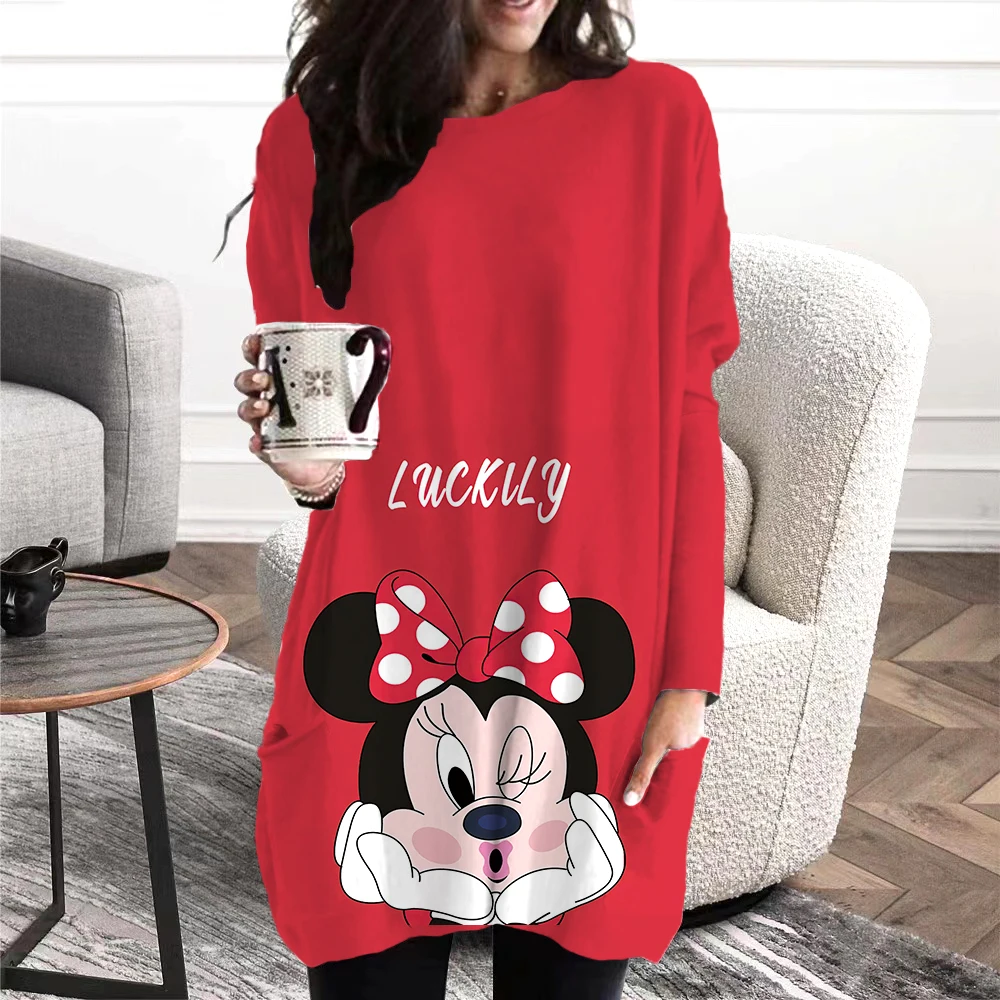 2022 Fashion Disney Mickey Minnie Female T-shirt Loose 3d Print Autumn And Winter Girls Pocket Tops Shirt