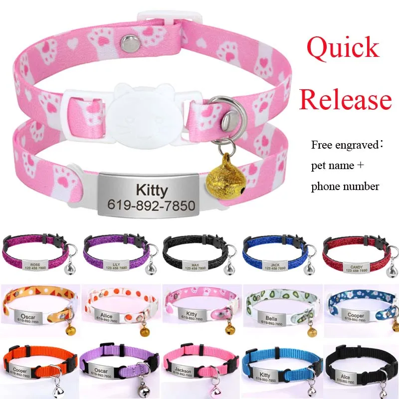 Personalized 1cm Width Cat Collar with Bell Safe Breakaway Cats Collars Quick Release Cute Necklace Free Engrave For Cats Kitten
