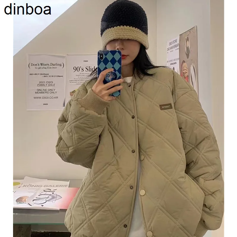 

Women Khaki Lingge Short Feather Warm Jacket Coat Winter Fashion Crew Neck Single-breasted Warm Puffer Cotton Padded Outwear