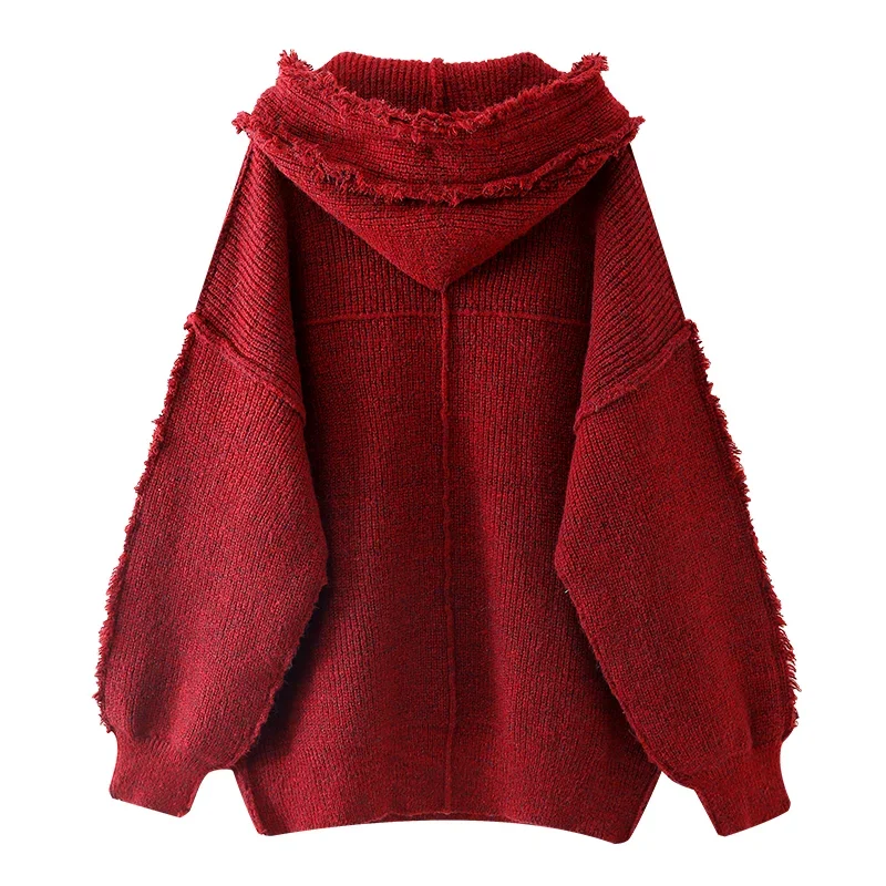 Новогодний свободный красный свитер с капюшоном в корейском стиле женский
