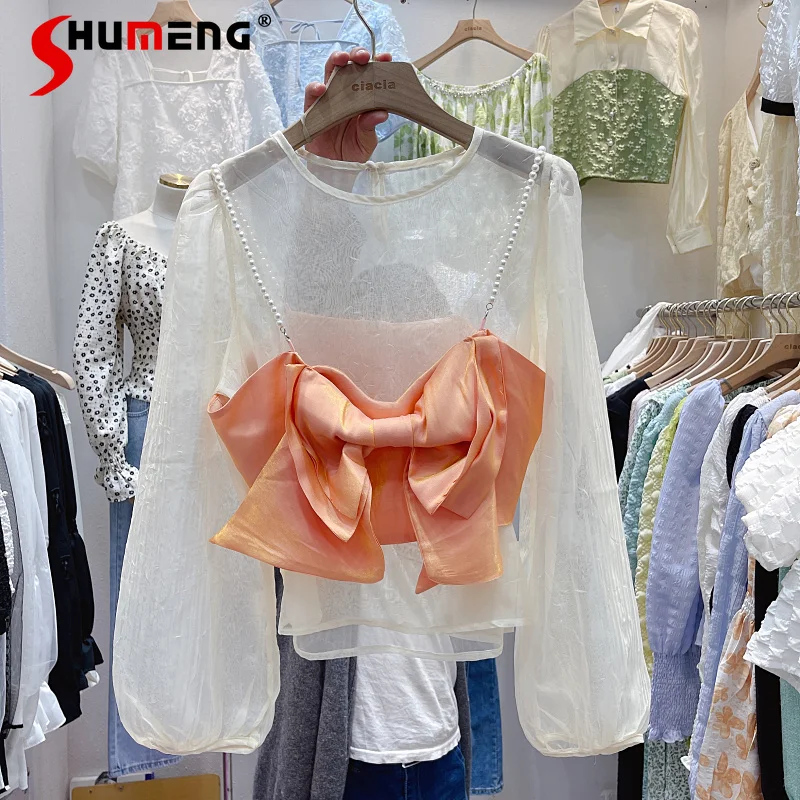 

2022 Summer New Chiffon Shirt Top Women's Long Sleeve Blouse Solid Color Elegant Fashion Graceful Bow Vest Two-Piece Set