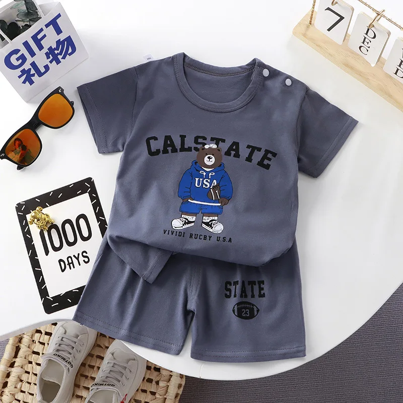 

6M-7Y Summer Korea Baby Boys Suit Cartoon Bear Printed Tees T Shirts+Loose Shorts Girls 2Pcs Casual Infant Sets Toddler Clothes