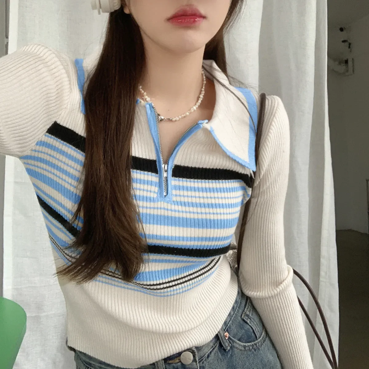 Полосатый воротник-поло с цветными блоками вязаный топ длинными рукавами