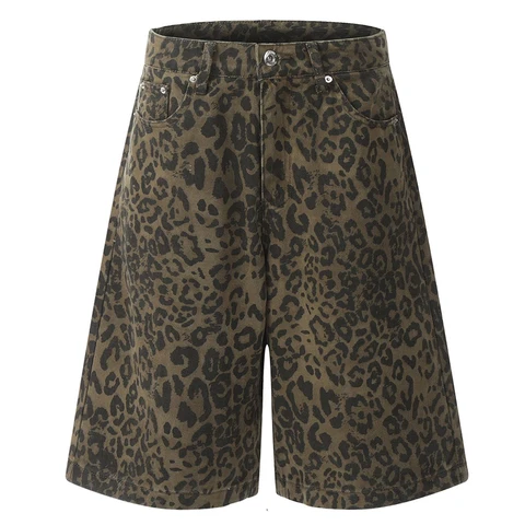 Джинсовые шорты мужские с леопардовым принтом, винтажные свободные штаны из денима, уличная одежда в стиле хип-хоп, лето 2024