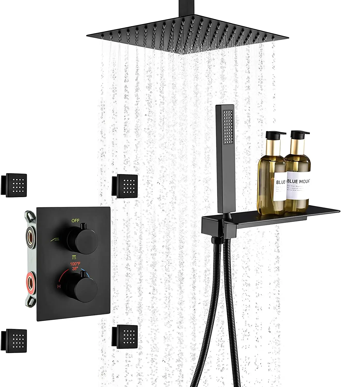 

Modern Design 304 Stainless Steel Matte Black Thermostatic Rainfall Shower Head Concealed Shower Set With Body Jet For Bathroom