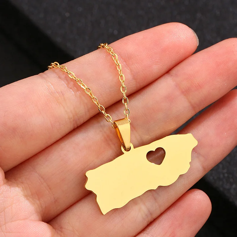 

European And American Stainless Steel Heart Hollow Puerto Rico Map Pendant Necklace