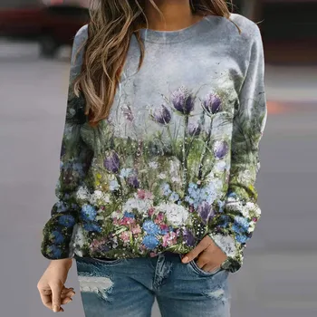 Women'S 3d Print Oil Painting Floral Sweatshirts Casual O Neck Tops Landscape Print Pullvoer Long Sleeve Shirt Clothes Sudaderas 1