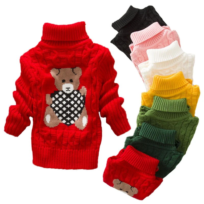 

2022 New Winter Girls Sweater Cartoon Bear Knitting High Collar Keep Warm Clothe For Kids Children Birthday Christmas Present
