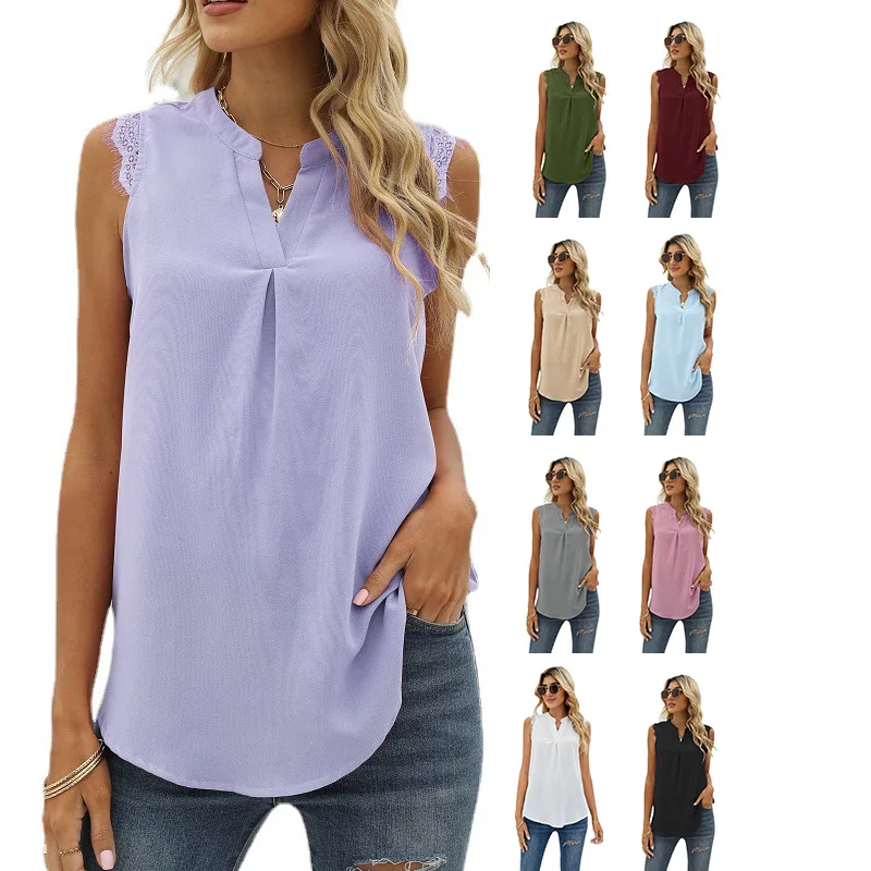 

Women's new solid color shirt in spring and summer 2023 loose V-neck sleeveless lace top