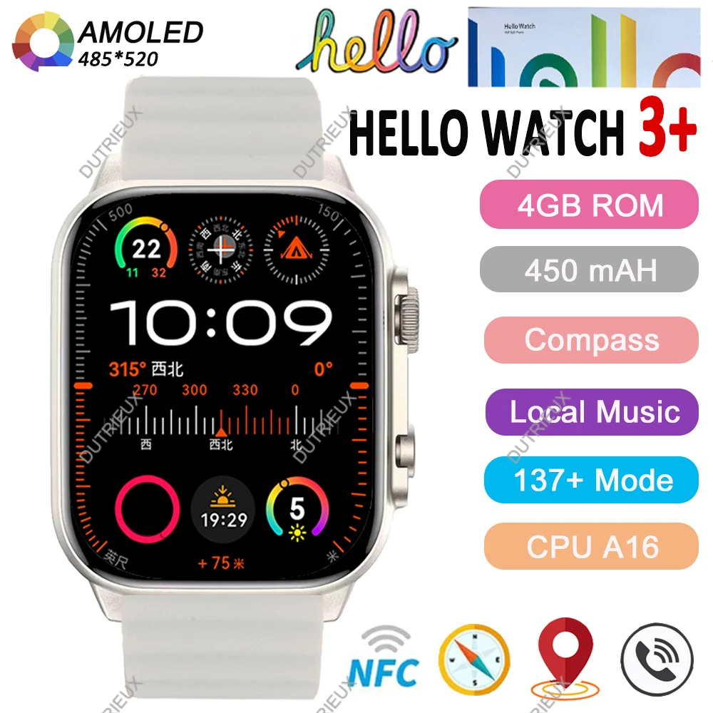 2024 Новые оригинальные умные часы Hello Watch 3 Plus 49 мм ULTRA AMOLED 4G ROM NFC GPT компас Bluetooth с