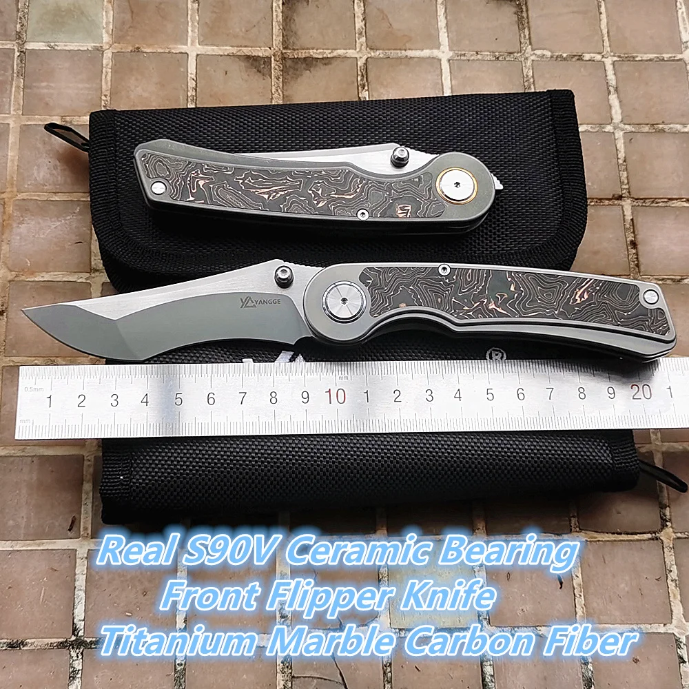 

YANGGE RIHE Design Front Flipper YG002 Real S90V Ceramic Bearings Titanium Marble Carbon Fiber Folding Knife Camp Fish EDC Tools