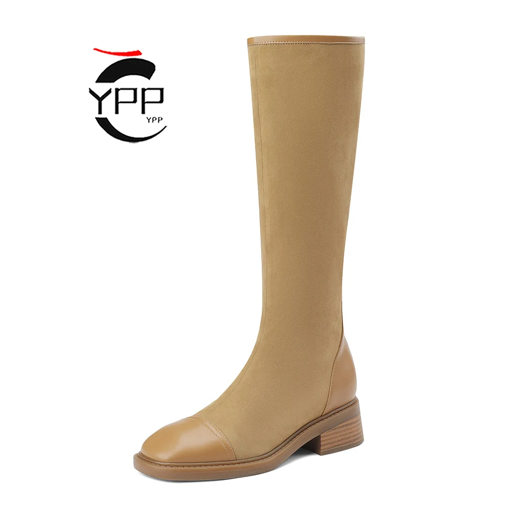 

YPP Women New Genuine Leather Knee High Boots Square Toe Thick Mid Heel Zipper Lady Fashion Long Boot Autumn Winter Shoes Black