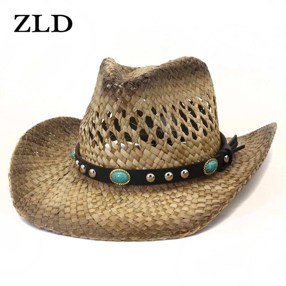 

ZLD Paint Natural Straw Western Cowboy Hat Handmade Weave Curling Brim Cowgirl Straw Hats Mens Hats Sun Protection Hat Beach Cap