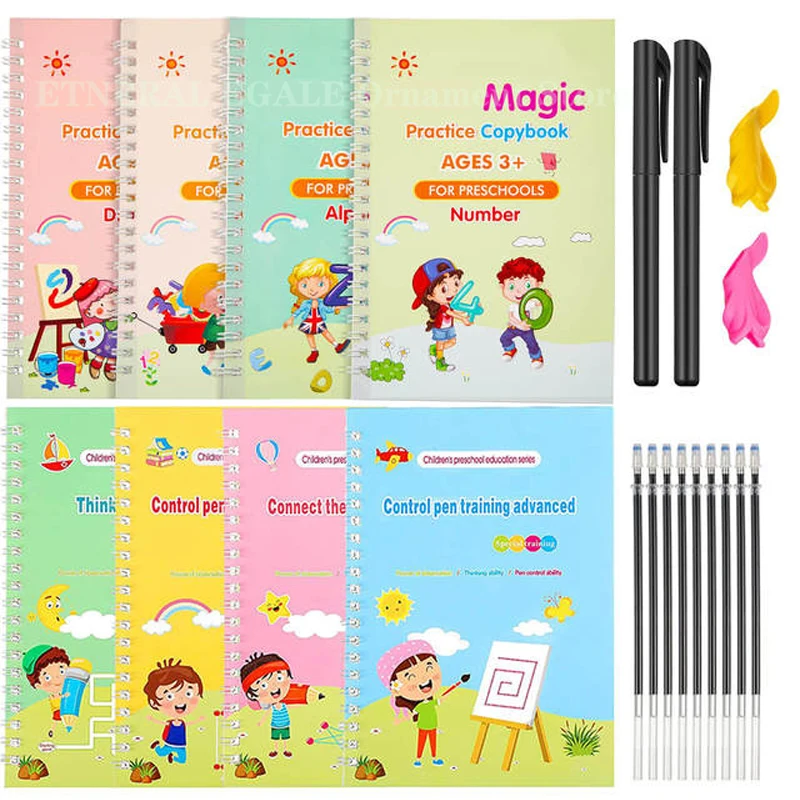 8 English 3D Groove Magic Book Kid Learning Calligraphy Copybook Letter Number Math Drawing Writing Exercise Books Notebook