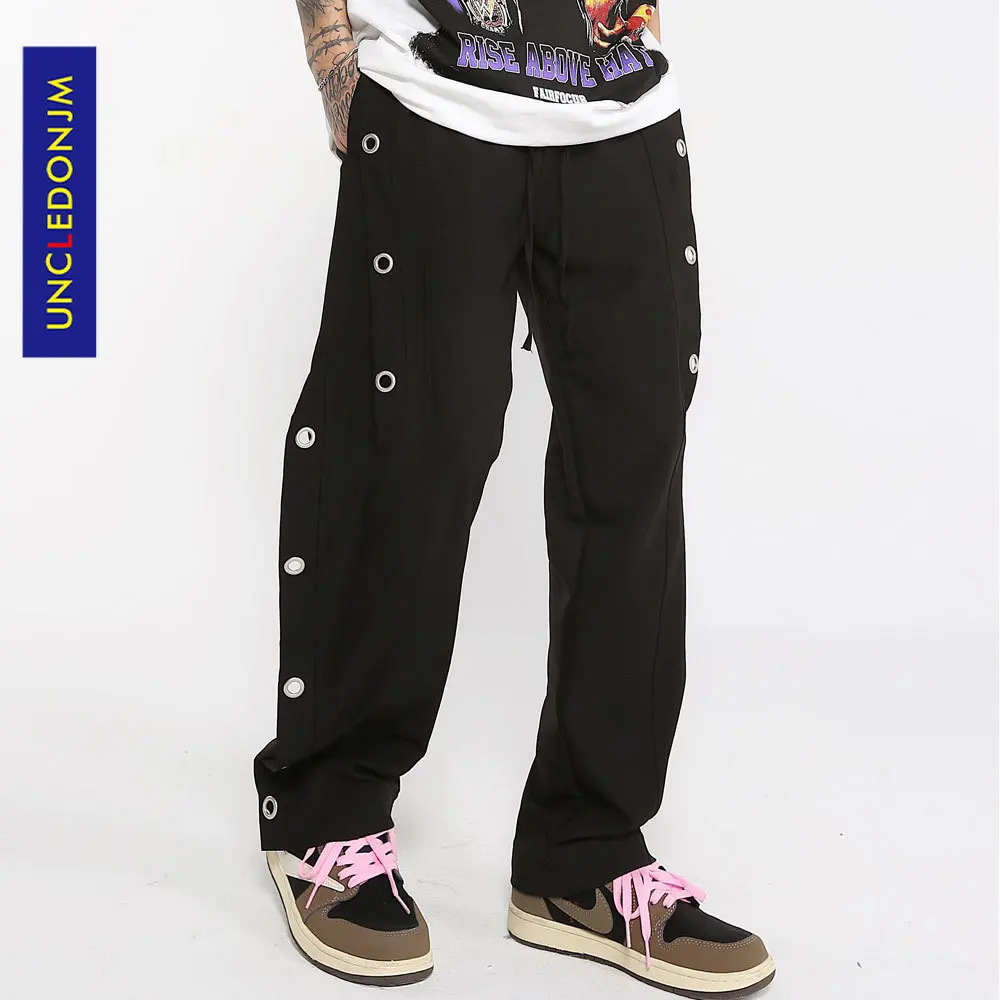

Повседневные брюки UNCLEDONJM с боковыми пуговицами, мужские Модные свободные прямые леггинсы в стиле Харадзюку, мешковатые брюки