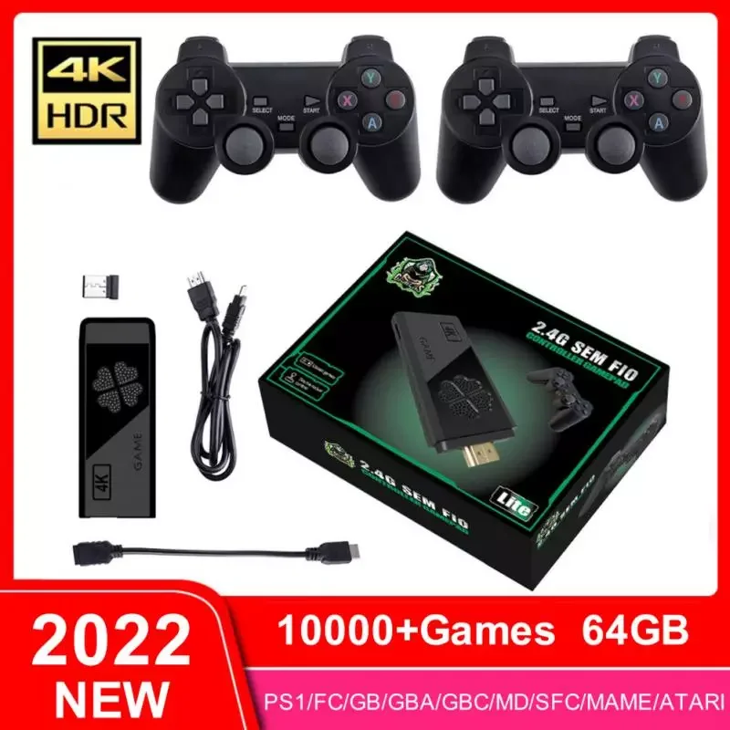 

Video Game Console 2.4G Double Wireless Controller Game Stick 4K 10000 Games 64GB For PS1/GBA/MAME/FC//GBC/MD/SFC