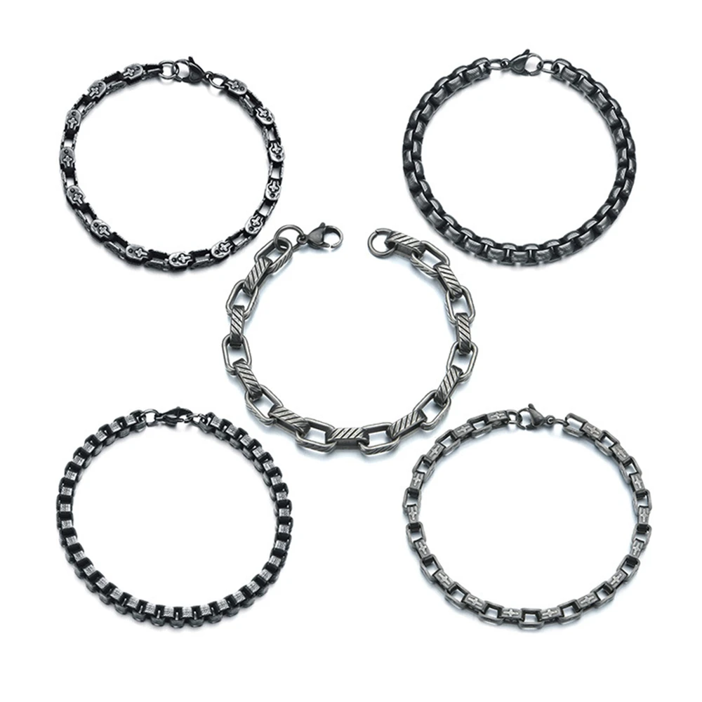 

Vintage Stainless Steel Chain Bracelet for Men Luxury Jewelry Basic Punk Embossed Thick Box Titanium Steel Chain Bracelet