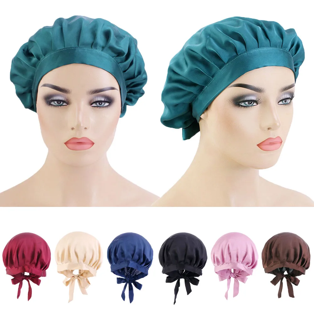 

New Sleep Night Hat Large Satin Lined Bonnet Cover for Women with Elastic Ribbon Hair Care Long Hair Turban Chemo Cap Headwrap