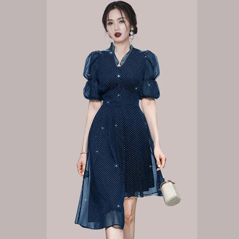 

Summer Chiffon French Women's Party Sexy Dress Slim Fit V-Neck Short Lantern Sleeves High Waist Female 2022 New Clothing