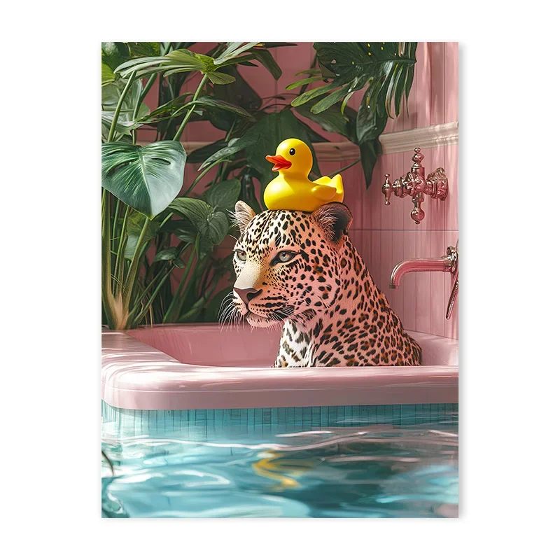 

Эклектический цветной постер с животным принтом, черный кот, гепард в ванне, настенная живопись на холсте, розовый, оранжевый, дофамин для декора ванной комнаты