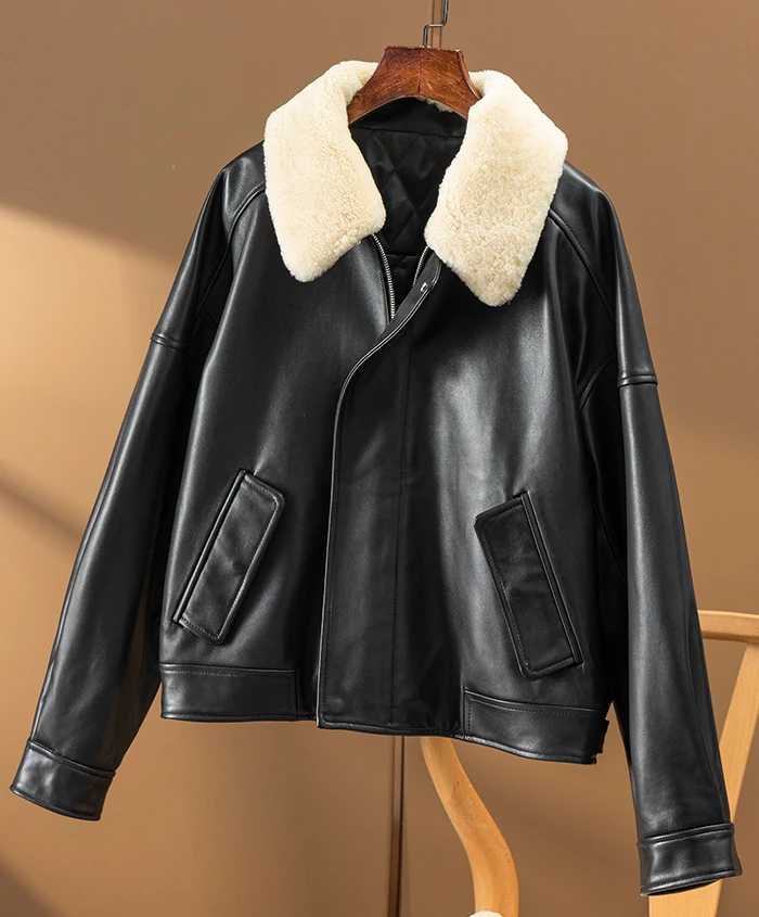 2022 New Genuine Leather Jacket Women  Sheepskin  Zipper  High Street  Pockets  Autumn/Winter Wool Collar Detachable