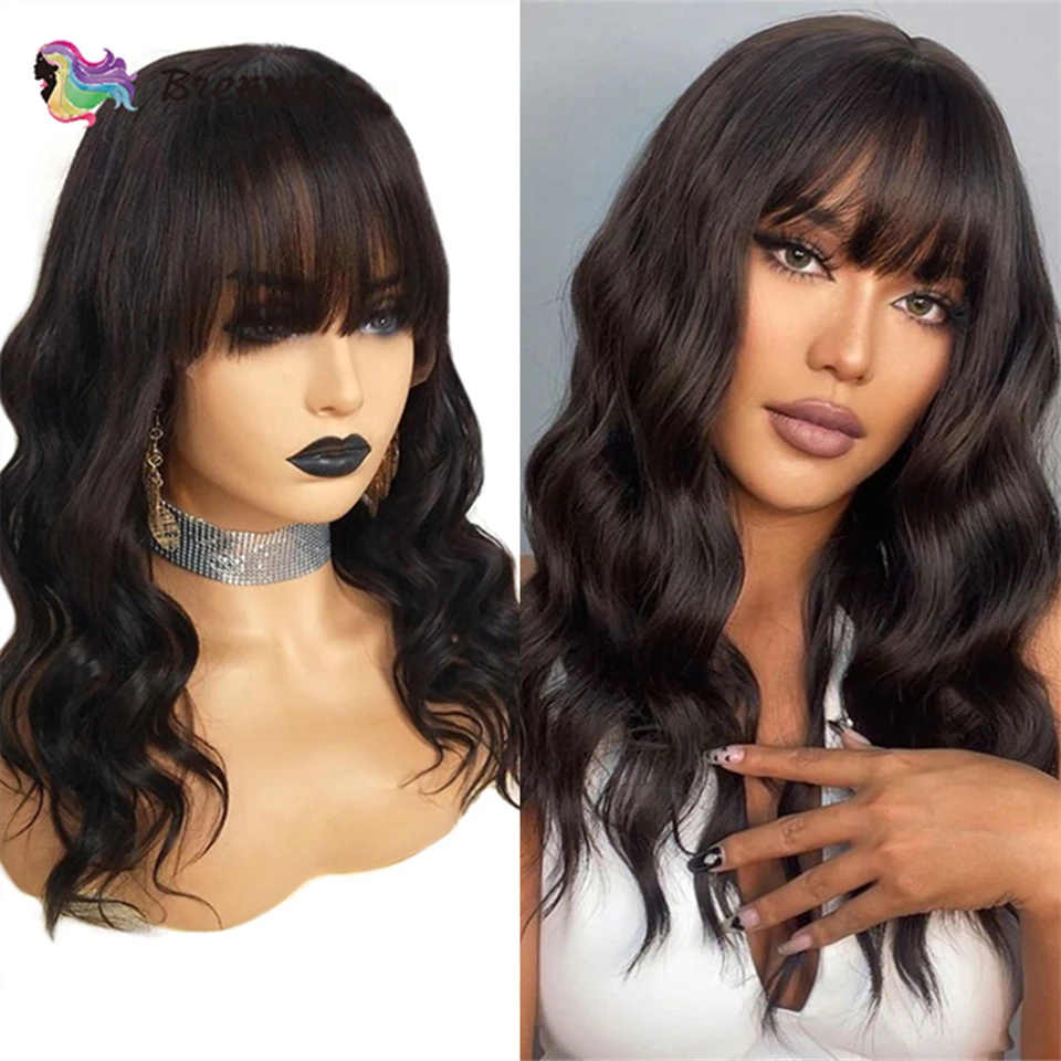 Human Hair Wig Natural Black Color Body Wave Wigs With Bangs Malaysian Remy Hair Glueless Full Machine Made Hair For Black Women