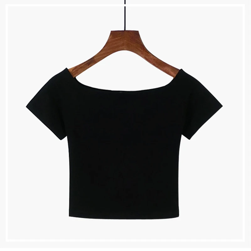 

Летний женский пикантный укороченный топ с открытыми плечами из 95% хлопка, одежда для женщин, однотонная облегающая спортивная женская футб...