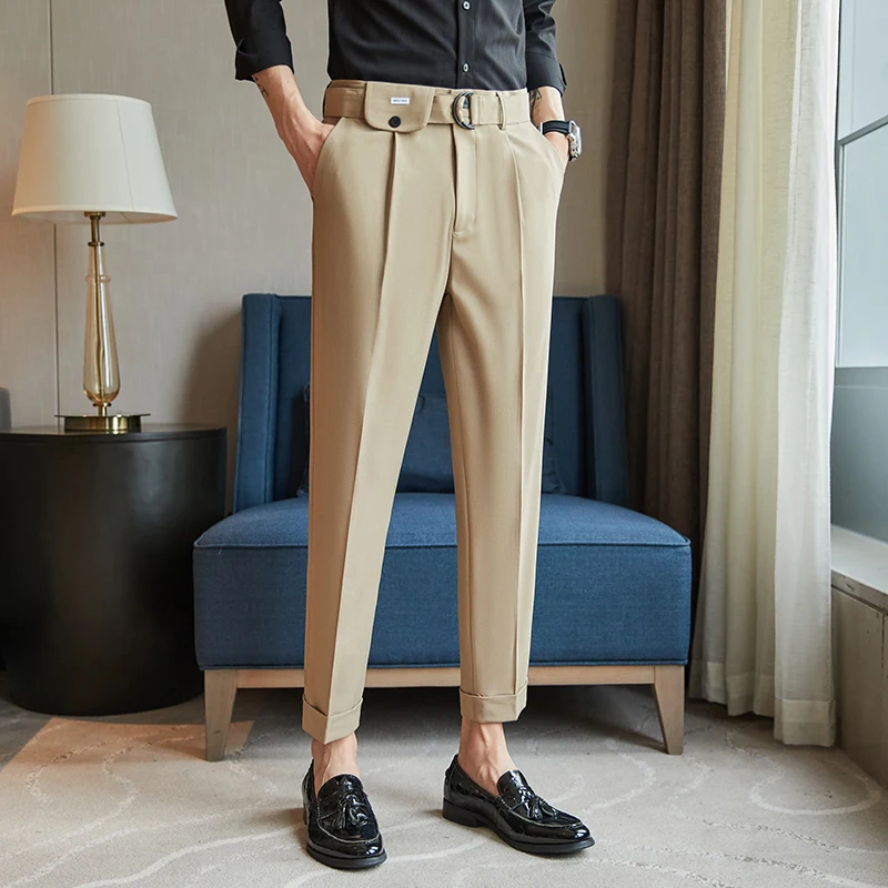 

2022 Solid Color Business Dress Pants Men High Quality Slim Casual Suit Pants Ankle Length Office Social Trousers Costume Homme