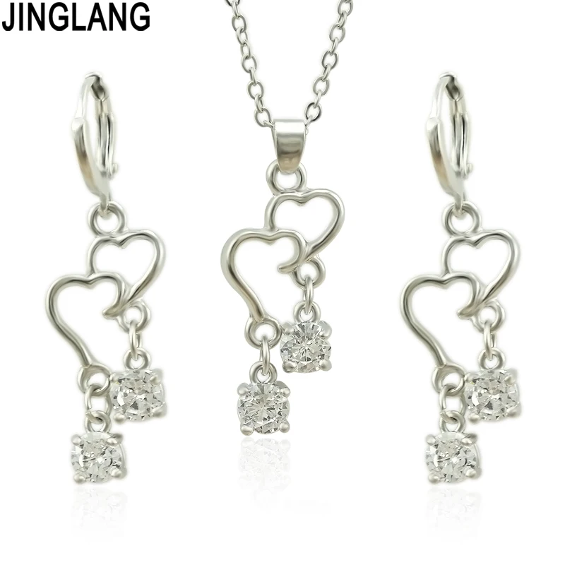 

JINGLANG Fashion Cute Dainty Heart Necklace Jewelry For Women Lady Bride Pendant Dangle Earring Set LOVE Anniversary Gift