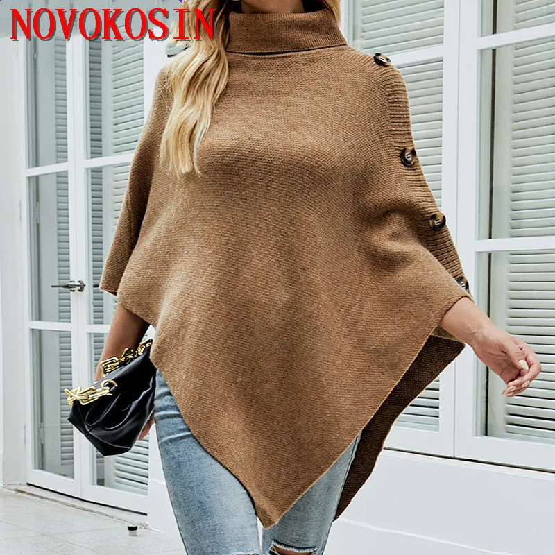 7 Colors 2022 Autumn High Neck Triangle Loose Sweater Knitted Grey Black Poncho Casual Batwing Sleeves Pullovers Shawl Outwear