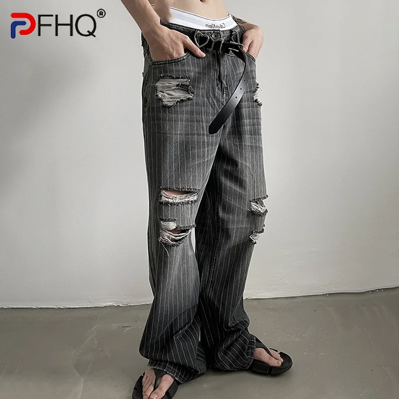 

PFHQ Wornout Ripped Broken Hole Washed Stripes Elegant Men's Jeans Fashion 2023 Vintage Pants High Quality Male Trousers Trendy