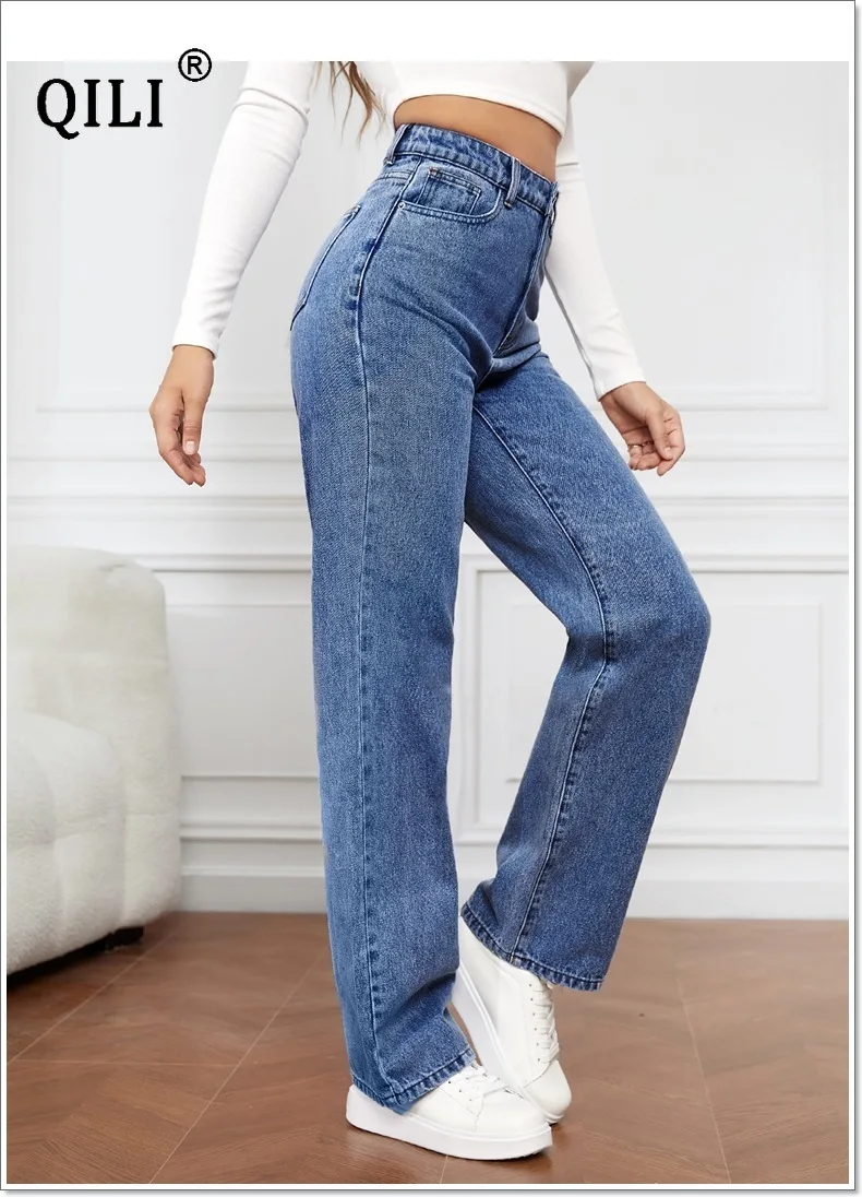 QILI 2023 New Jeans for Women Elastic Wash Denim Women's Pants Versatile Straight Leg Pants