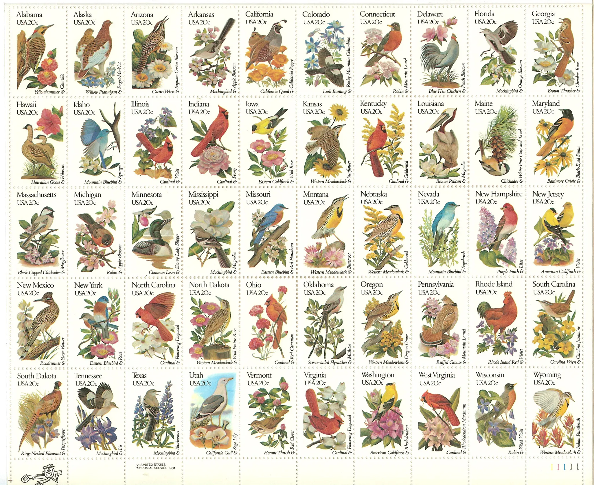 

50 PCS/Set,US,1981-1982,Different Bird in 50 States,Large Sheet of Stamps,High Quailiity,Good Condition Collection,New Stamp,MNH