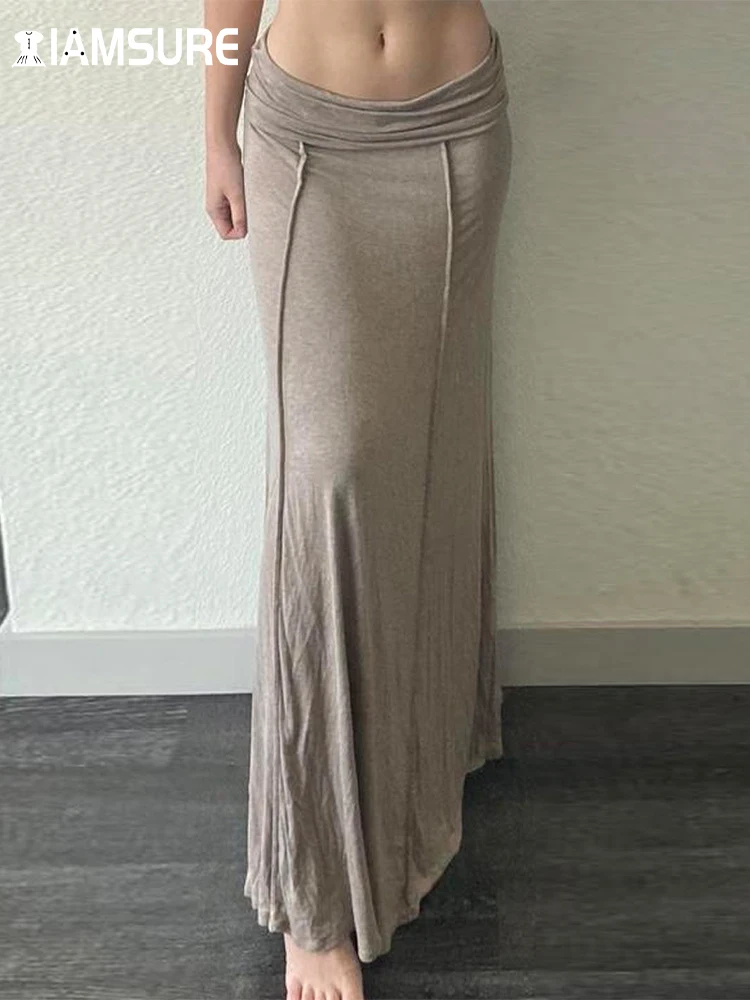 

IAMSURE Slim Solid Patchwork Bodycon Skirt Basic Folds Low-Waisted Maxi Skirts Women 2023 Autumn Spring Fashion Lady Streetwear