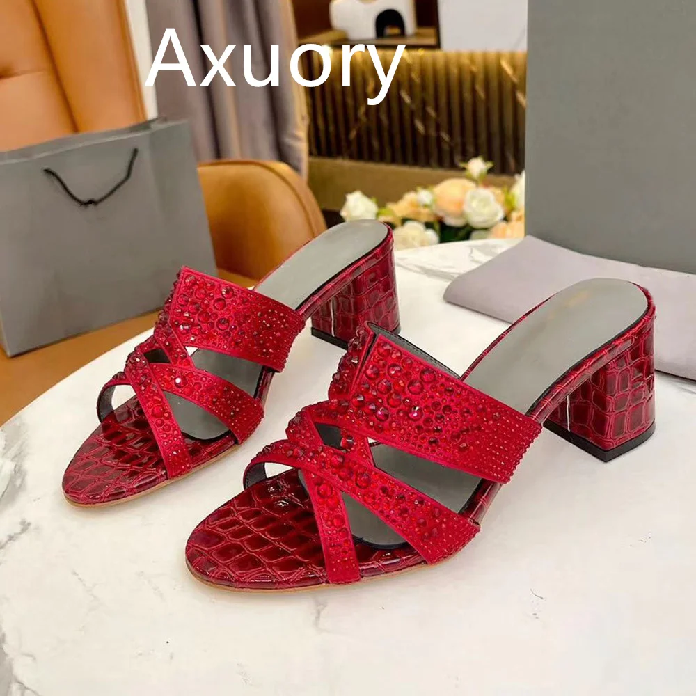 2023 Women's high heels Slippers Shoe fashion Diamond embellishments Luxury Design Diamond Inlay Genuine Leather thick heel