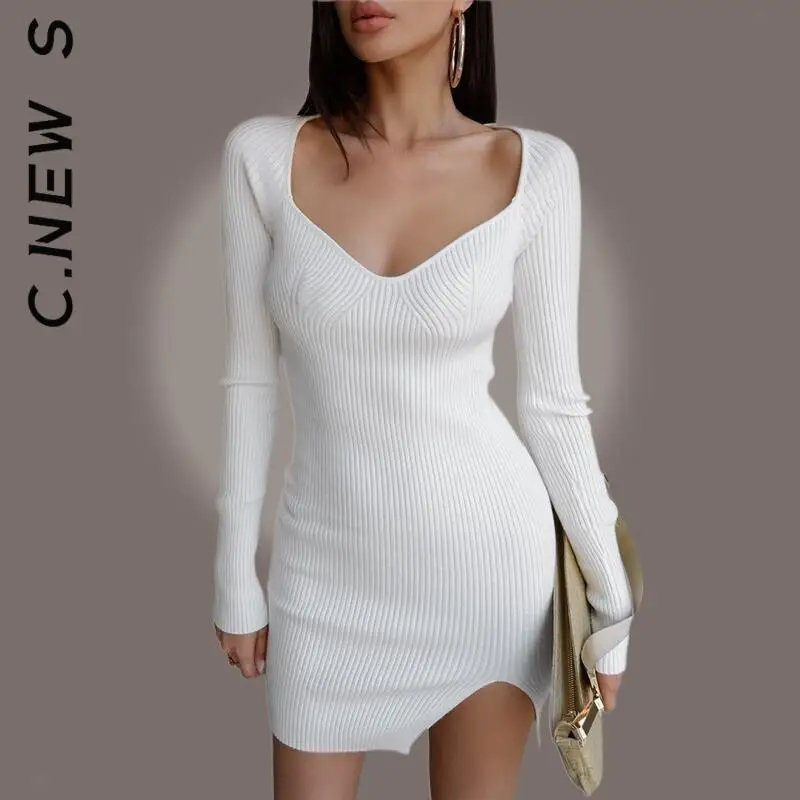 

C.New S Sweater Women Sexy Knitted Jumper Elegant Sweet Dress Casual Slim Party Dresses Club All-Match Robe Vestidos Female