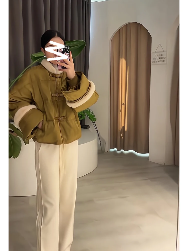 Зеленый меховой воротник в стиле пэчворк с пряжкой Куртка на хлопковой подкладке