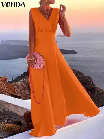 Женское длинное платье-макси без рукавов с V-образным вырезом