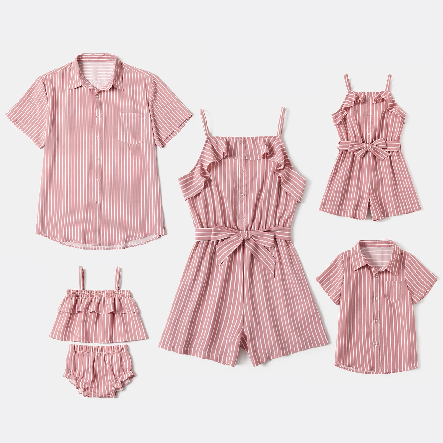

MUMU Stripe Pink Series Family Matching Sets(Off Shoulder Short Rompersfor Mom and Girl ; Short Sleeve Shirts for Dad and Boy)