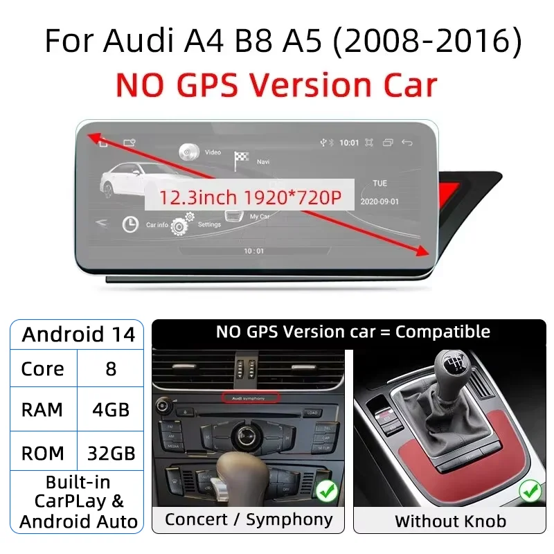 

Android 14 Автомобильный радиоприемник GPS Мультимедийный плеер для Audi A4 B8 A5 2008-2017 RHD 8 + 128 ГБ IPS-экран Авто Стерео CarPlay 4G SIM WIFI