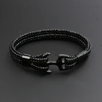 fashion stainless steel anchor leather bracelet mens black braided leather rope bracelet punk charm jewelry couple bracelet