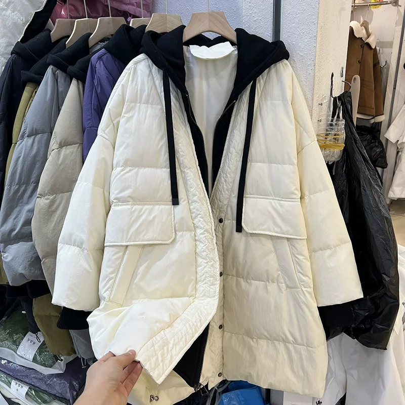 2023 New Women's Fake Two Down Jacket Coats, Thermal Chunky Hooded Large Loose White Duck Down Winter Women's Coat