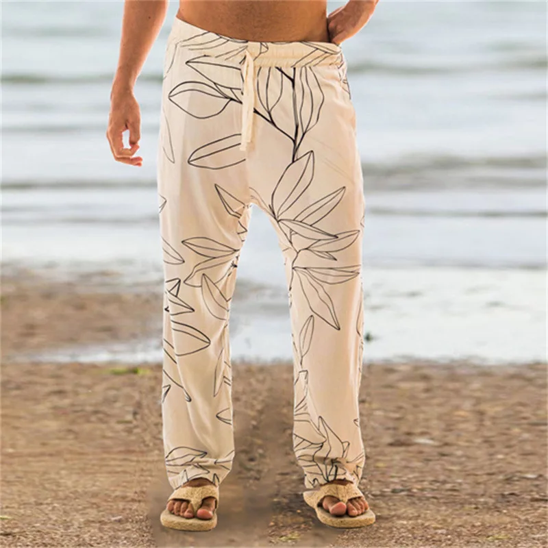 

Men's Pants Trousers Summer Vintage Printed Baggy Straight Trousers Men's Casual Lace-up Mid-Waist Pants Trousers